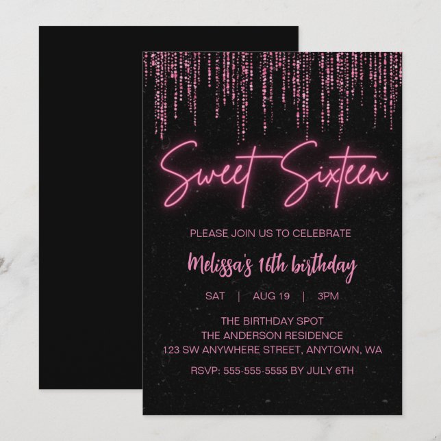 Invitation Parties scintillant rose et sucré noir 16 Annivers (Devant / Derrière)