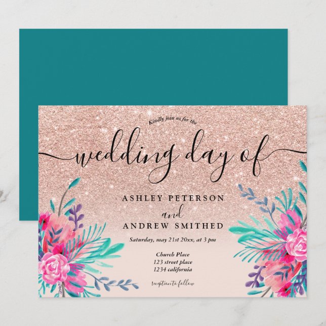 Invitation Parties scintillant rose fleurie verdure aquarelle (Devant / Derrière)