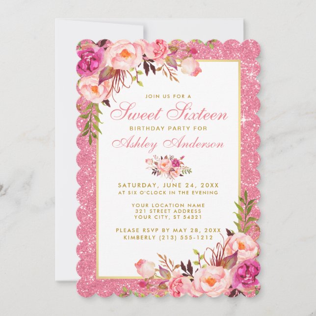 Invitation Parties scintillant rose Floral Douce 16 Anniversa (Devant)