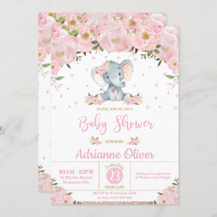 Invitation Parties scintillant rose florale mignonne Elephant