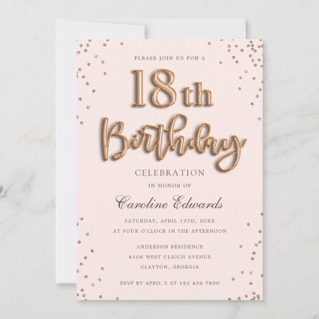 Invitation Parties scintillant Rose Foil Ballons 18e annivers (Devant)