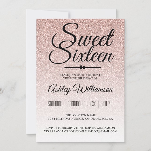 Invitation Parties scintillant rose glamour Ombre Sweet 16 An (Devant)