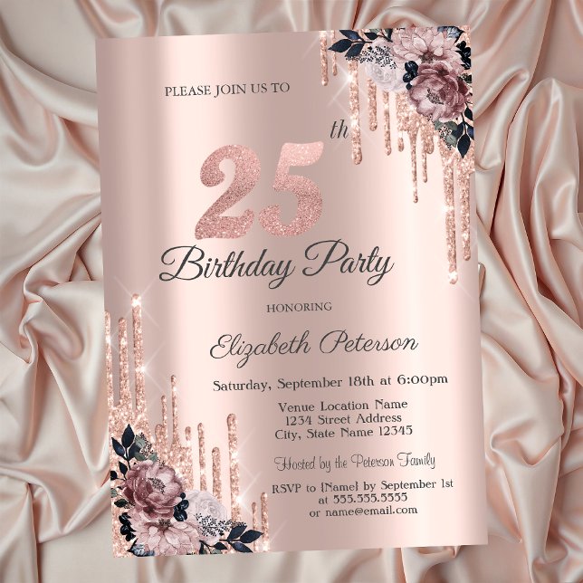 Invitation Parties scintillant Rose Gold Flowers 25e annivers (Créateur téléchargé)
