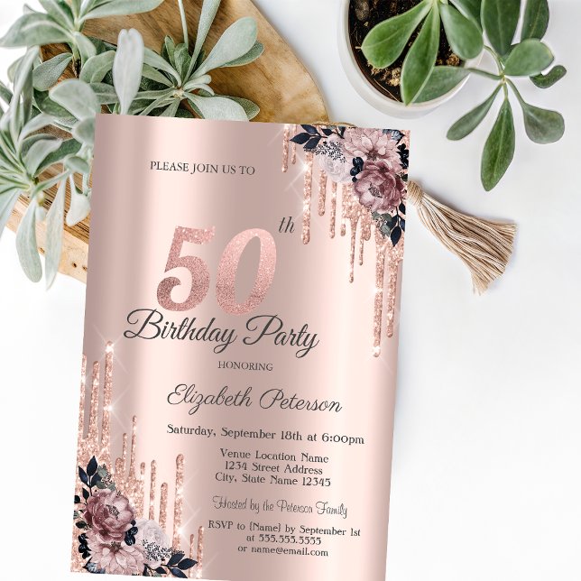 Invitation Parties scintillant Rose Gold Flowers 50e annivers (Créateur téléchargé)