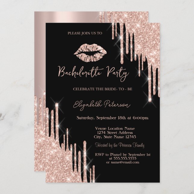 Invitation Parties scintillant Rose Gold Lips Noir (Devant / Derrière)