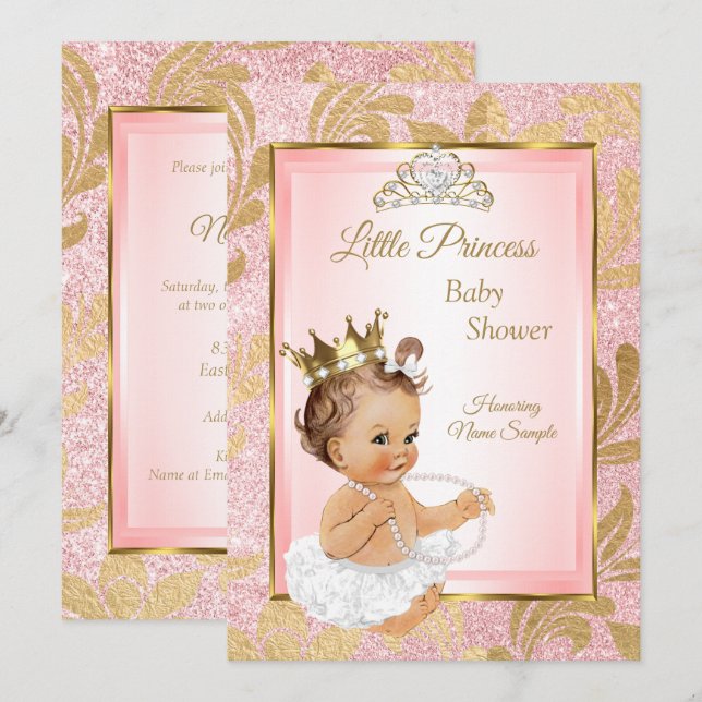 Invitation Parties scintillant rose Gold Princesse Baby showe (Devant / Derrière)