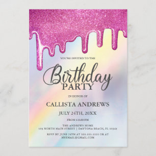 Invitation Parties scintillant rose gouttes arc-en-ciel Holog