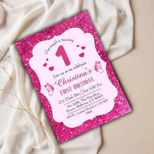 Invitation Parties scintillant rose mignon éclatant 1er anniv