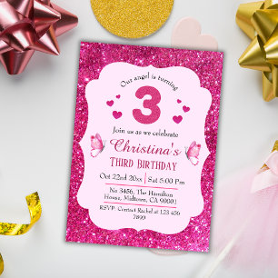 Invitation Parties scintillant rose mignon pétillant 3e anniv