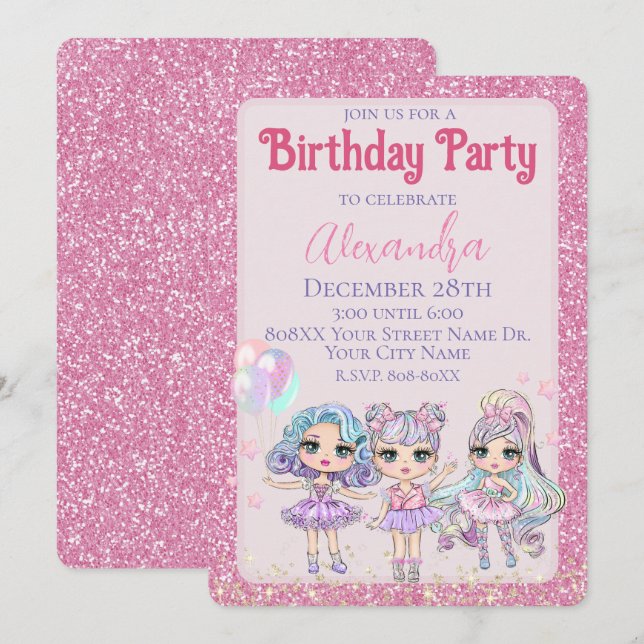 Invitation Parties scintillant rose mignonne Poupées Fête d'a (Devant / Derrière)