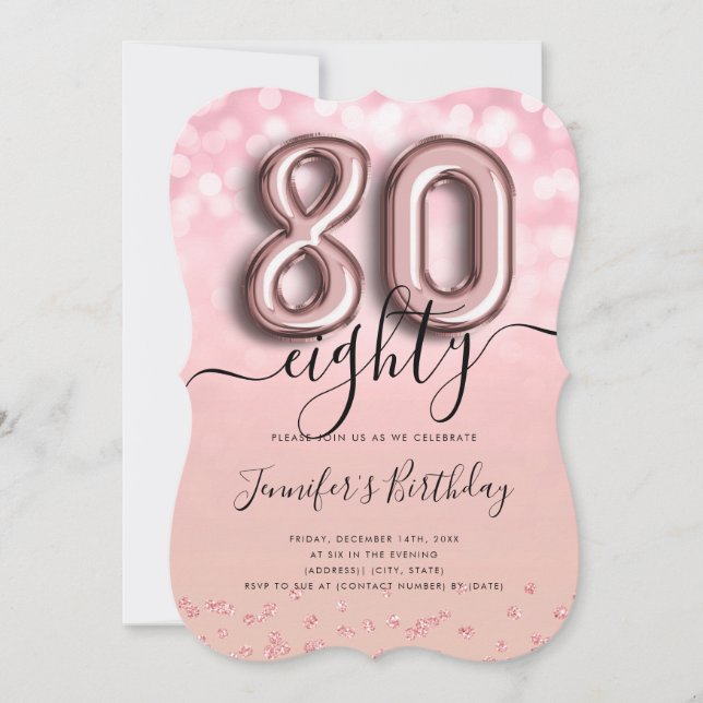 Invitation Parties scintillant rose or ballon 80e anniversair (Devant)
