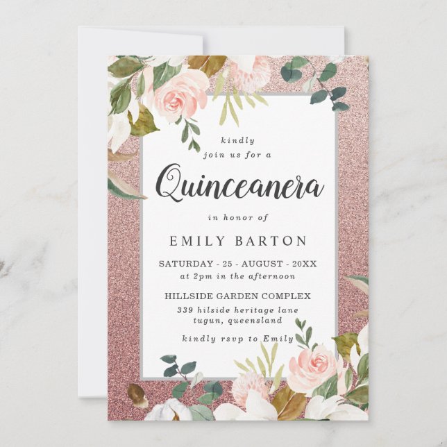 Invitation Parties scintillant rose or Blush Floral moderne Q (Devant)