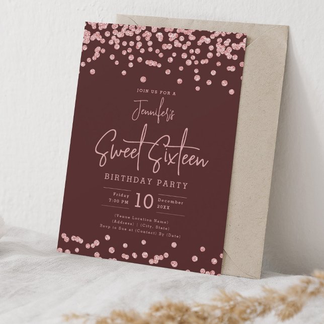Invitation Parties scintillant rose or Confetti Sweet 16 Bour (Rose Gold Glitter Confetti Sweet 16 Burgundy Invitation)