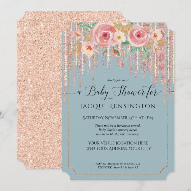 Invitation Parties scintillant rose or Dusty Blue Blush Flora (Devant / Derrière)