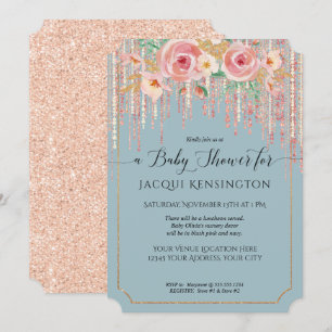 Invitation Parties scintillant rose or Dusty Blue Blush Flora