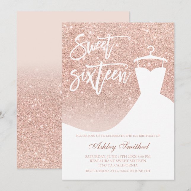 Invitation parties scintillant rose or élégant robe chic Swee (Devant / Derrière)