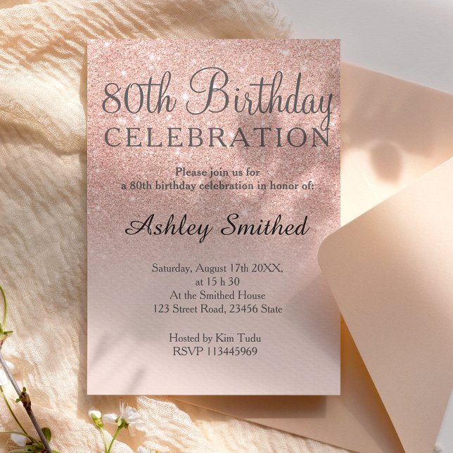 Invitation parties scintillant rose or faux rose ombre 80e an (Créateur téléchargé)