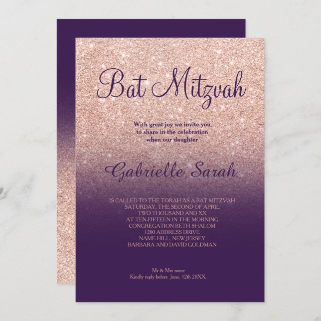 Invitation parties scintillant rose or faux  violet ombre Bat (Devant / Derrière)