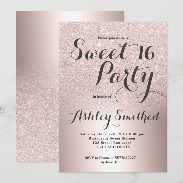Invitation parties scintillant rose or ombre feuille métalliq (Devant / Derrière)