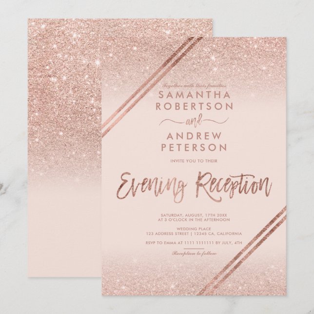 Invitation parties scintillant rose or rayures mariage rose p (Devant / Derrière)