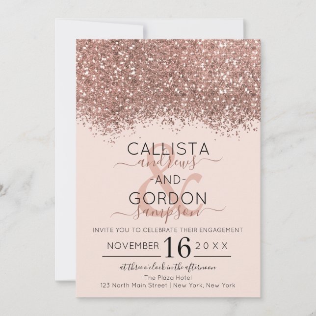 Invitation Parties scintillant Rose or rose  Confetti Fiançai (Devant)
