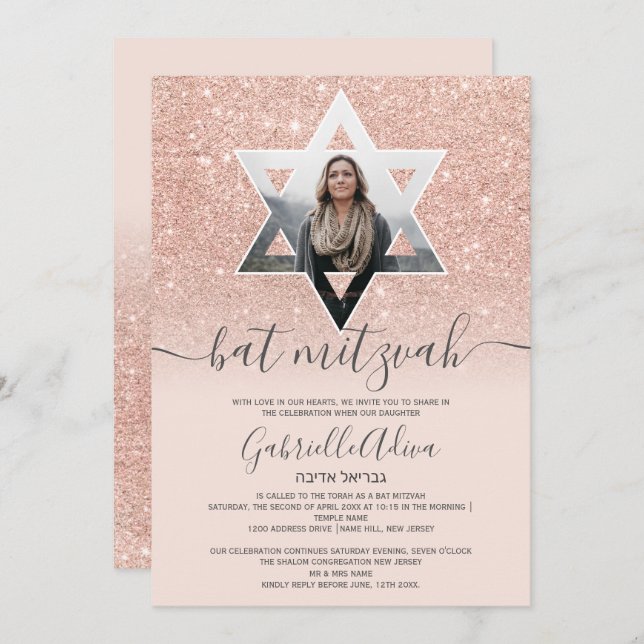 Invitation parties scintillant rose or rose pâle étoile bat m (Devant / Derrière)