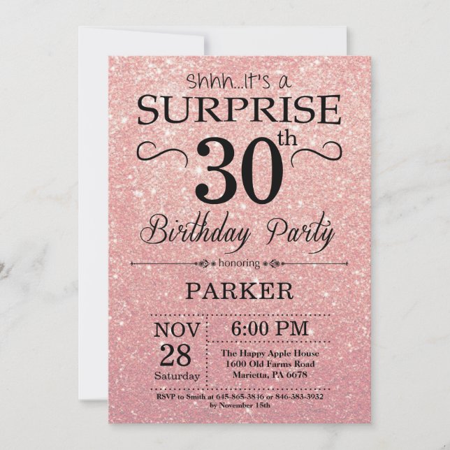Invitation Parties scintillant rose or rose Surprise 30e anni (Devant)