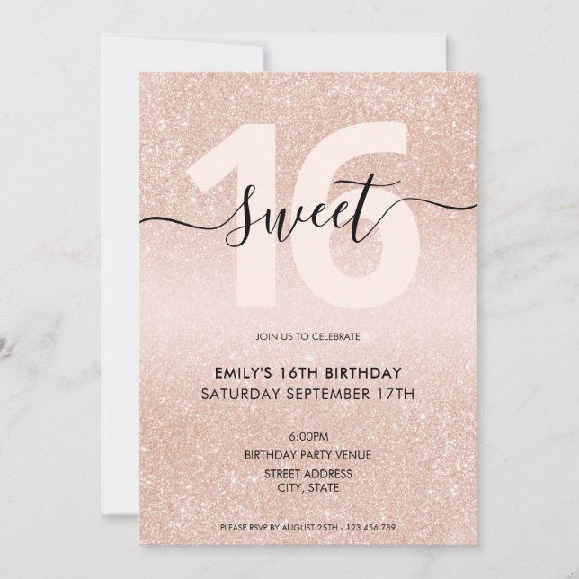 Invitation Parties scintillant rose or Sweet 16 (Devant)