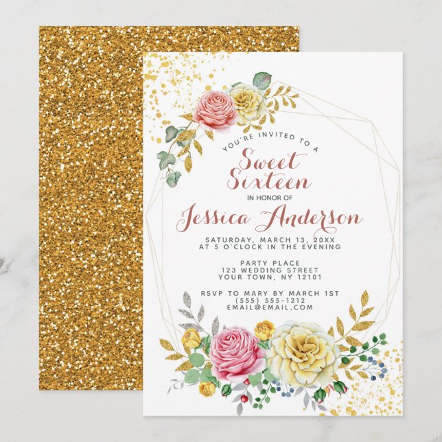 Invitation Parties scintillant rose or Sweet sixteen floral (Devant / Derrière)