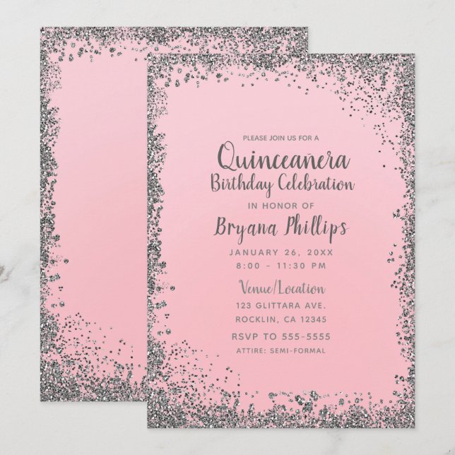Invitation Parties scintillant rose pâle et argent Couronne Q (Devant / Derrière)