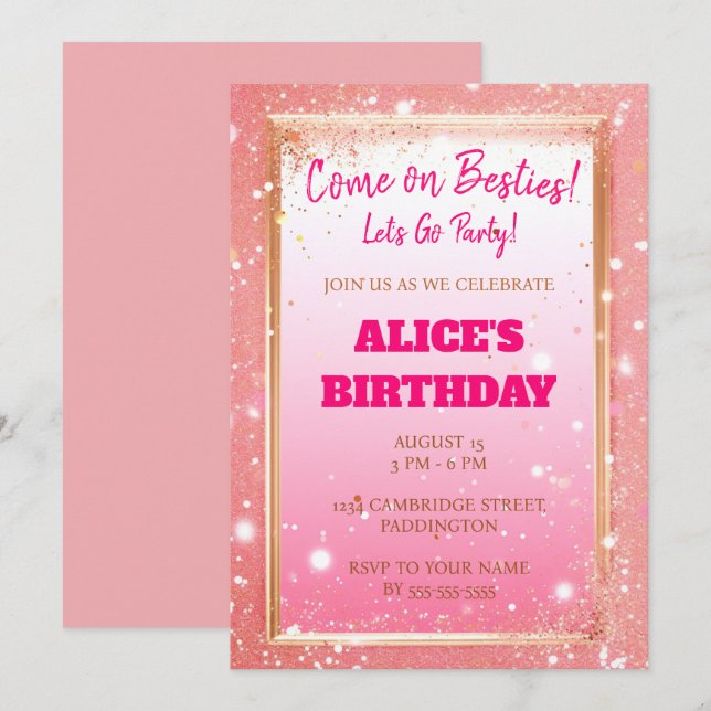 Invitation Parties scintillant rose poupée moderne Anniversai (Devant / Derrière)
