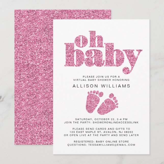 Invitation Parties scintillant rose pour bébé virtuelle (Devant / Derrière)