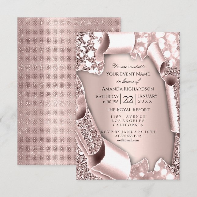 Invitation Parties scintillant rose rose 3D, effet Mariage de (Devant / Derrière)