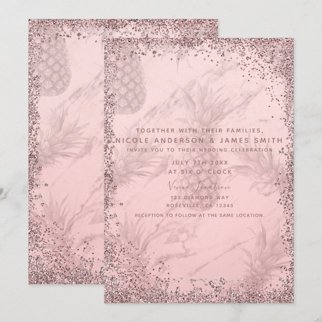 Invitation Parties scintillant rose Rose Or Ananas Mariage tr (Devant / Derrière)