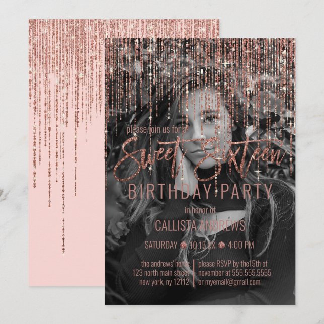 Invitation Parties scintillant rose Rose or Fringe Photo Swee (Devant / Derrière)