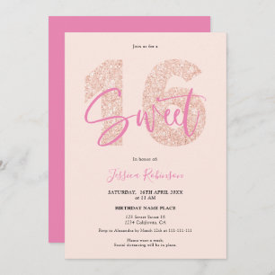 Invitation Parties scintillant rose Sweet 16 flush script pho