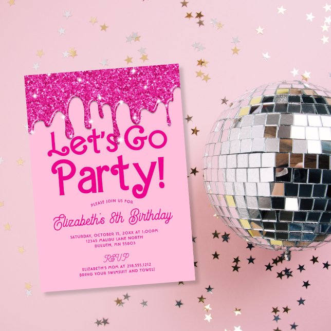 Invitation Parties scintillant rose tendance Allons faire la  (Trendy Pink Glitter Let's Go Party Birthday Invitation)