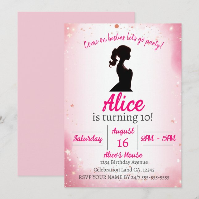 Invitation Parties scintillant rose thème poupée anniversaire (Devant / Derrière)