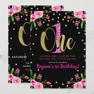 Invitation Parties scintillant rose UN Black Floral 1er Anniv