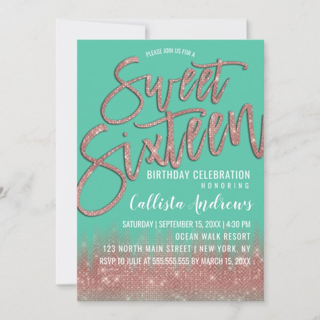 Invitation Parties scintillant Rose vert en or Typographie Sw (Devant)