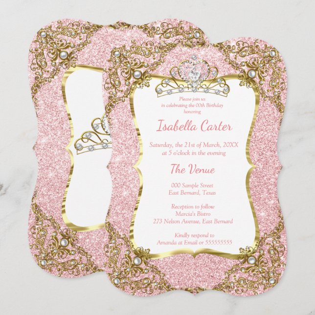 Invitation Parties scintillant rose vif fête d'anniversaire G (Devant / Derrière)