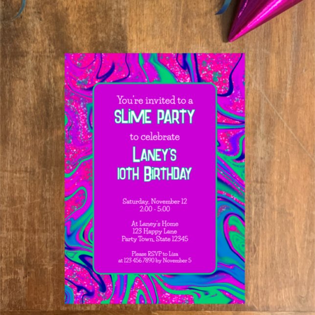 Invitation Parties scintillant rose violet clair fête d'anniv (Custom cool groovy wavy purple pink slime birthday party invitation template. Sparkle girly party
)