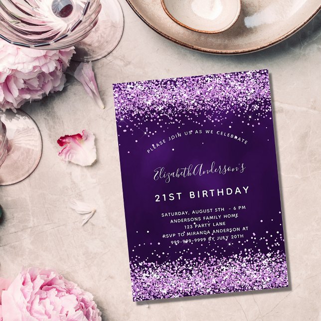 Invitation Parties scintillant rose violet d'anniversaire gla (Créateur téléchargé)
