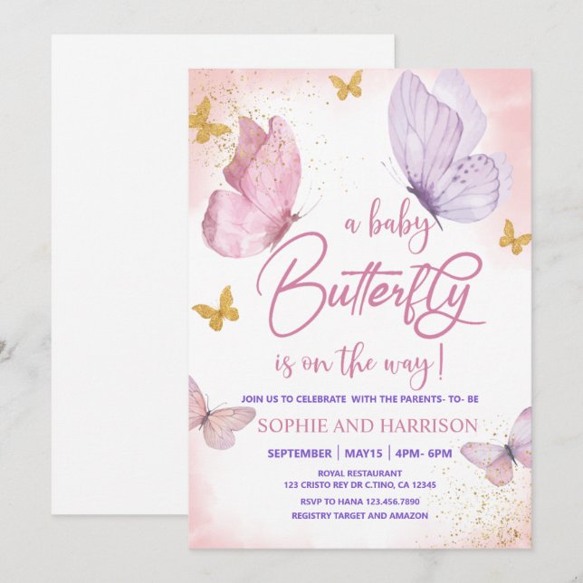 Invitation Parties scintillant rose violet  papillon Baby sho (Devant / Derrière)