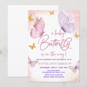Invitation Parties scintillant rose violet  papillon Baby sho