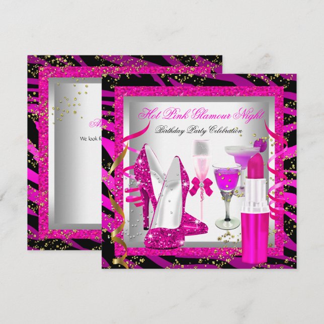 Invitation Parties scintillant Rose Zebra Glamor Nuit Anniver (Devant / Derrière)