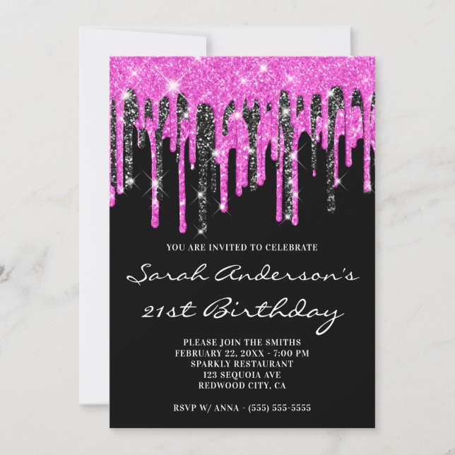 Invitation Parties scintillant roses et noires chaudes 21e an (Devant)