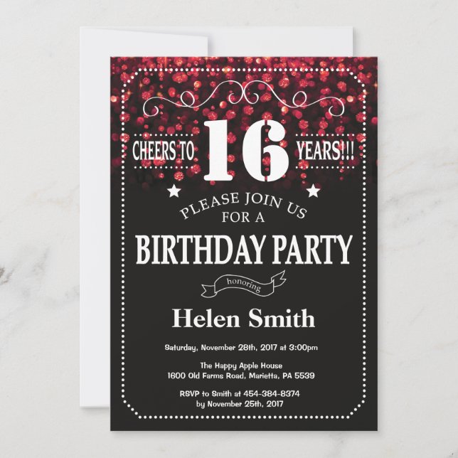 Invitation Parties scintillant rouge 16e anniversaire Invitat (Devant)