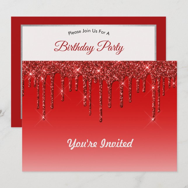 Invitation Parties scintillant rouge branchée Anniversaire (Devant / Derrière)