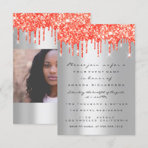 Invitation Parties scintillant rouge corail gouttes d'argent